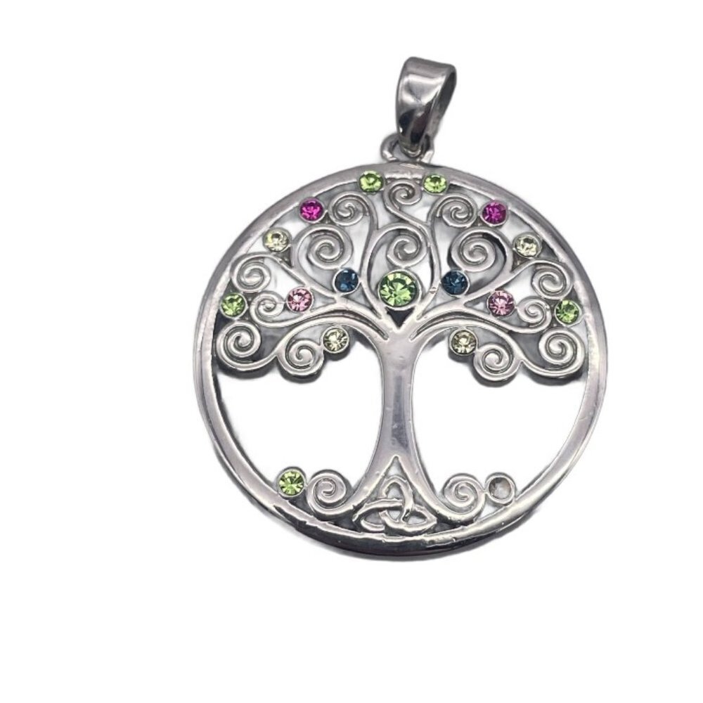 Solvar Tree of Life Round Pendant Silver Tone Multicolor Rhinestone